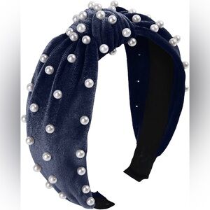NWOT Navy Blue Velvet Pearl Knotted Headband Elegant Holiday Chic
